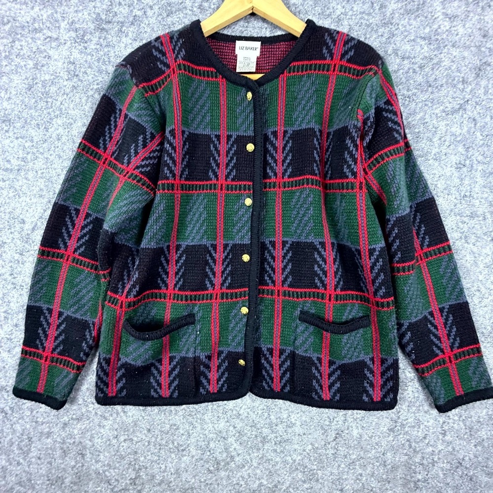 Vintage Liz Baker Cardigan Sweater Womens Small Green Red Plaid Button Front 90s